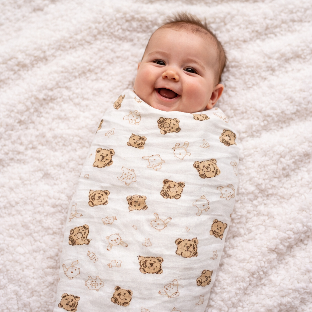 Scutec muselina 80x80 cm, EgoBebe, 1 buc, Bumbac 100%, Ursulet Crem